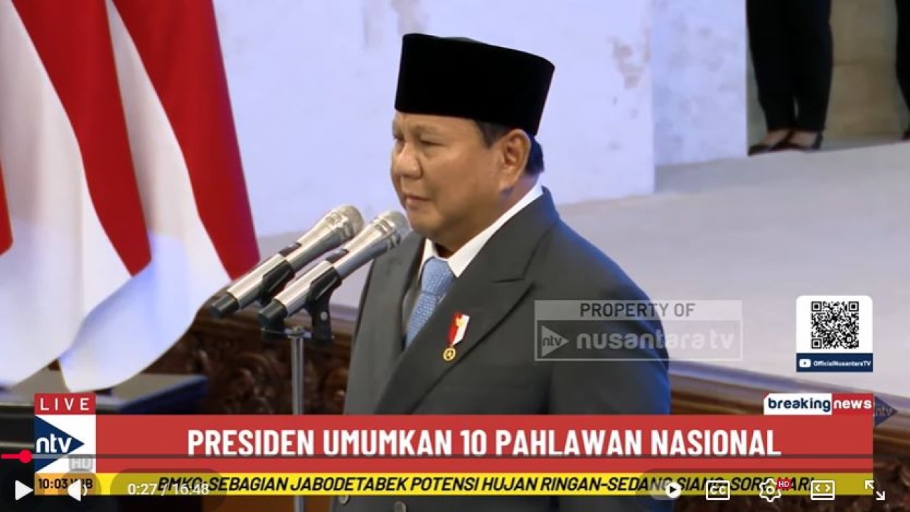 Presiden Republik Indonesia, Prabowo Subianto, menganugerahkan gelar Pahlawan Nasional kepada Presiden ke-2 RI, Soeharto. (Nusantara TV)
