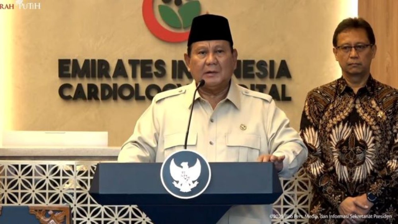 Tangkapan layar YouTube Sekretariat Presiden - Presiden RI Prabowo Subianto meresmikan Rumah Sakit Kardiologi Emirates Indonesi di Surakarta, Jawa Tengah, Rabu, 19 November 2025. (Antara)