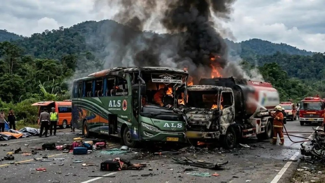 Kecelakaan maut yang melibatkan bus Antar Lintas Sumatera (ALS) dan truk tangki BBM di Jalan Lintas Sumatera, Kecamatan Karang Jaya, Kabupaten Musi Rawas Utara, Sumatera Selatan, Rabu (6/5/2026). (Foto: X @indepenSumatera)