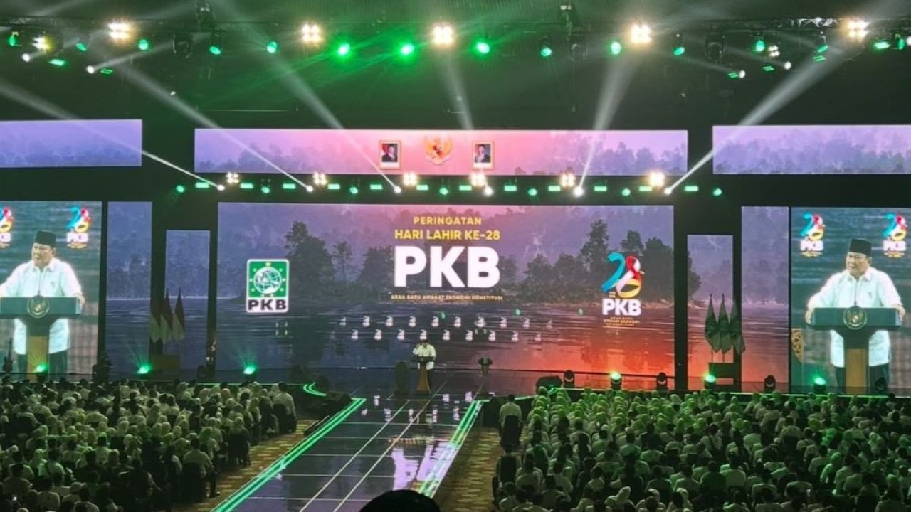 Presiden Prabowo Subianto menghadiri Hari Lahir (Harlah) ke-28 PKB di Jakarta Convention Center (JCC), Senayan, Jakarta, Kamis, 23 Juli 2026 malam. (Foto: Ntvnews))