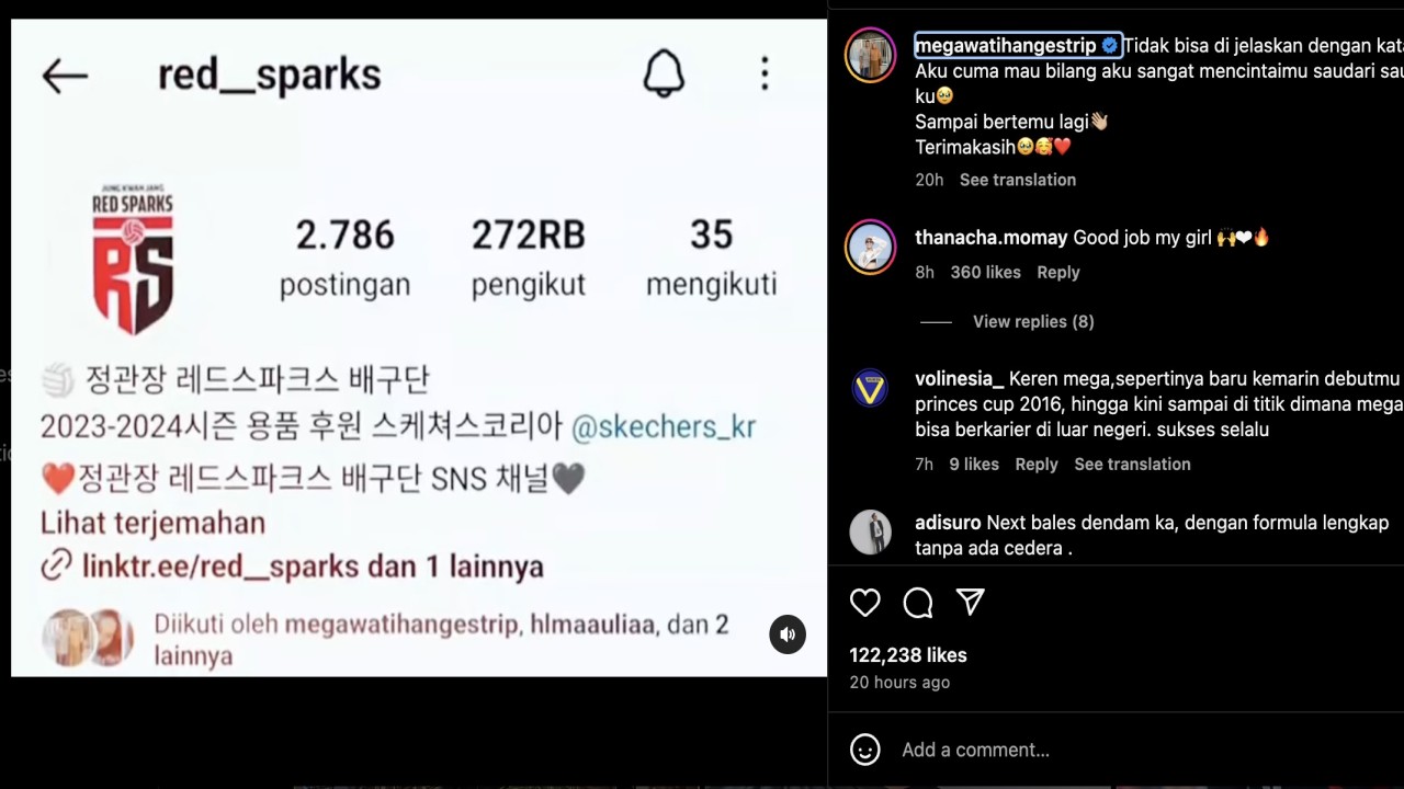 Akun Instagram tim Red Sparks yang diperkuat Megawati Hangestri Pertiwi dalam semusim terakhir 2023-2024. (Instagram)